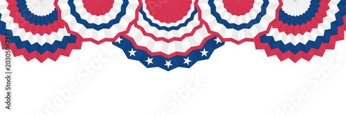American bunting flags with stars and stripes hanging border. Red white and blue half circle patriotic garlands for 4th of July independence day. Decoration vector illustration for banner