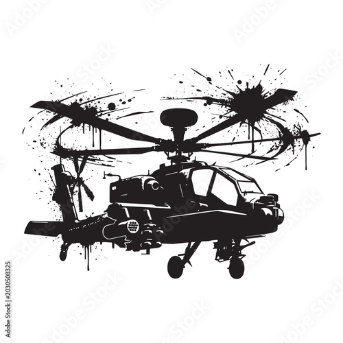 Εκτύπωση καμβά Military attack helicopter gunship silhouette in black and white vector illustration