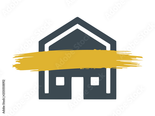 Hand drawn house icon with horizontal gold brush stroke