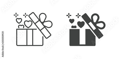 Opened Gift Box with Hearts Icon. Line and glyph solid icon