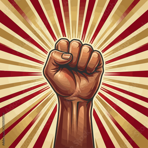 Quadro su tela A raised fist emerges powerfully against a vibrant red and gold sunburst backgro