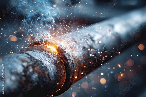 Intense close-up view of a welding process joining metal pipes with glowing sparks and smoke