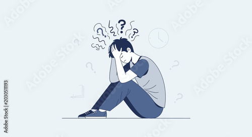 Confused young man sitting with hands on head, surrounded by question marks