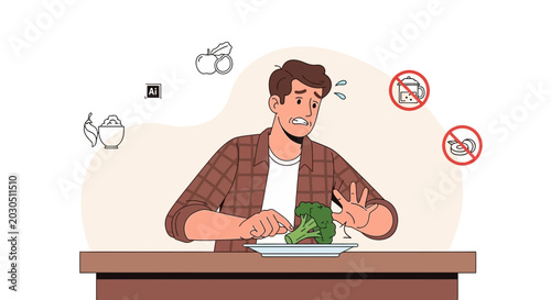 Stressed Man Refusing Broccoli, Healthy Eating Challenges