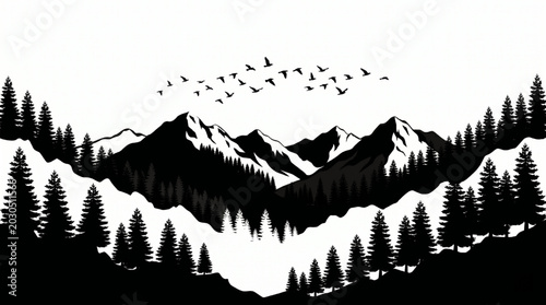 Black silhouette mountain landscape, snowy peaks, pine trees, flying birds, vector illustration