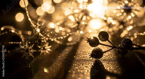 Golden Christmas Lights and Festive Berries Create a Warm and Magical Holiday Ambiance.