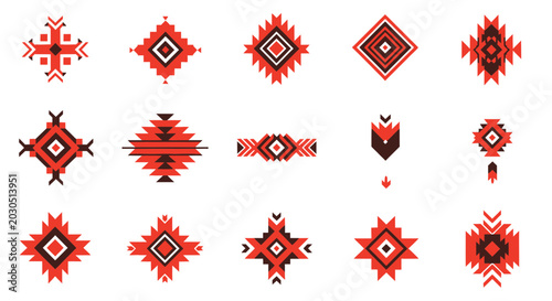 Native American Geometric Patterns, Tribal Design Elements, Red and Black Motifs