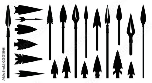 Konstfotografi Silhouette Collection of Arrowheads and Spears: Primitive Weapons, Ancient Tools