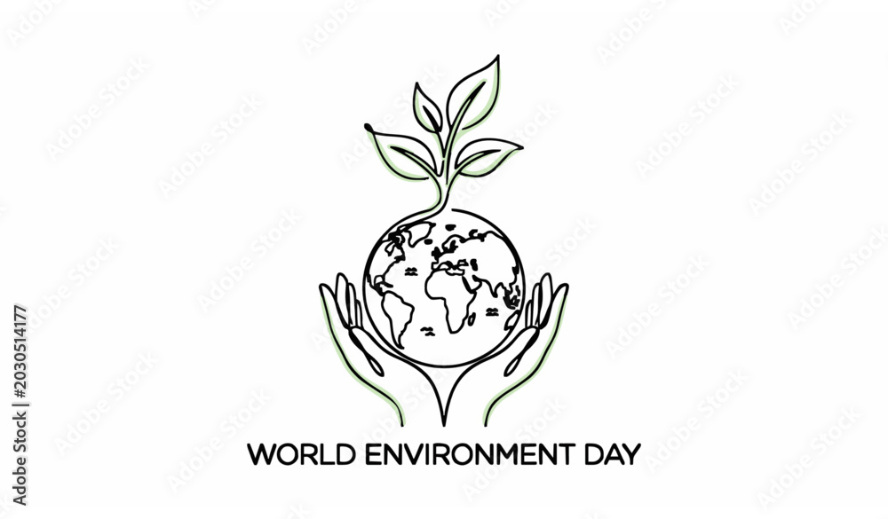 Fototapeta premium Minimal continuous line drawing World Environment Day banner with eco earth and plant illustration