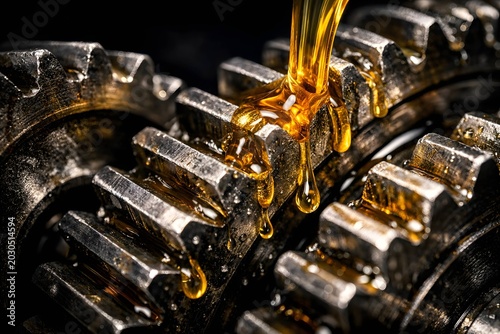 Industrial gears lubrication process with thick amber oil pouring on metallic mechanism.