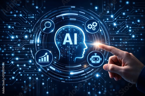 Artificial intelligence digital brain interface with human hand touching glowing screen.