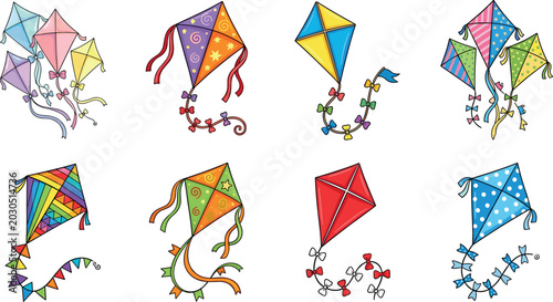 Foto Decorative Colorful Kite Vector Set with Traditional Flying Kites, Ribbon Tails,