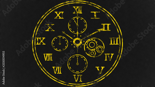 Cuadro en lienzo 金色のスチームパンク魔法時計イラスト（黒背景・ファンタジー・歯車・高級感）：Golden steampunk magic clock illustration on black background