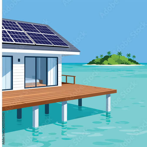 Canvas Print Luxury Overwater Villa with Solar Panels Vector Illustration featuring tropical