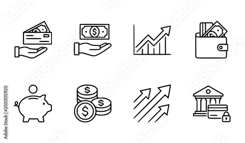 Photos Hand drawn finance and money saving icons vector illustration isolated white bac