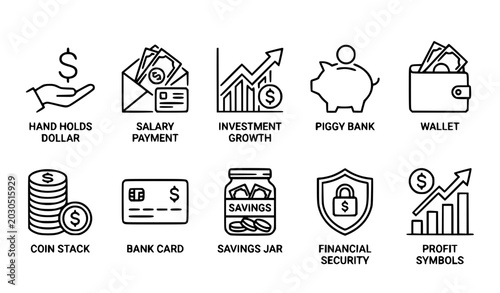 Cuadro en lienzo Finance and money saving outline icons vector illustration isolated white backgr
