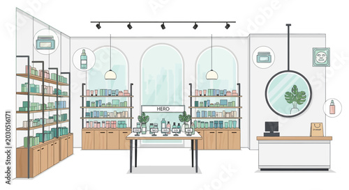 Cosmetic Store Interior, Skincare Products Displayed on Shelves