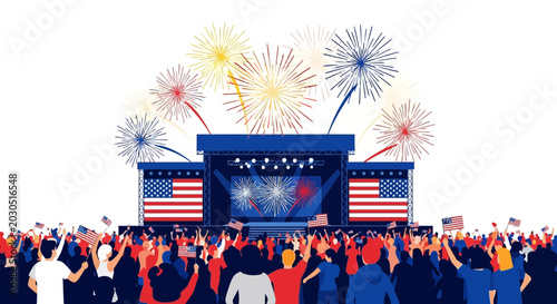 Crowd Celebrating 4th of July with Fireworks and Stage