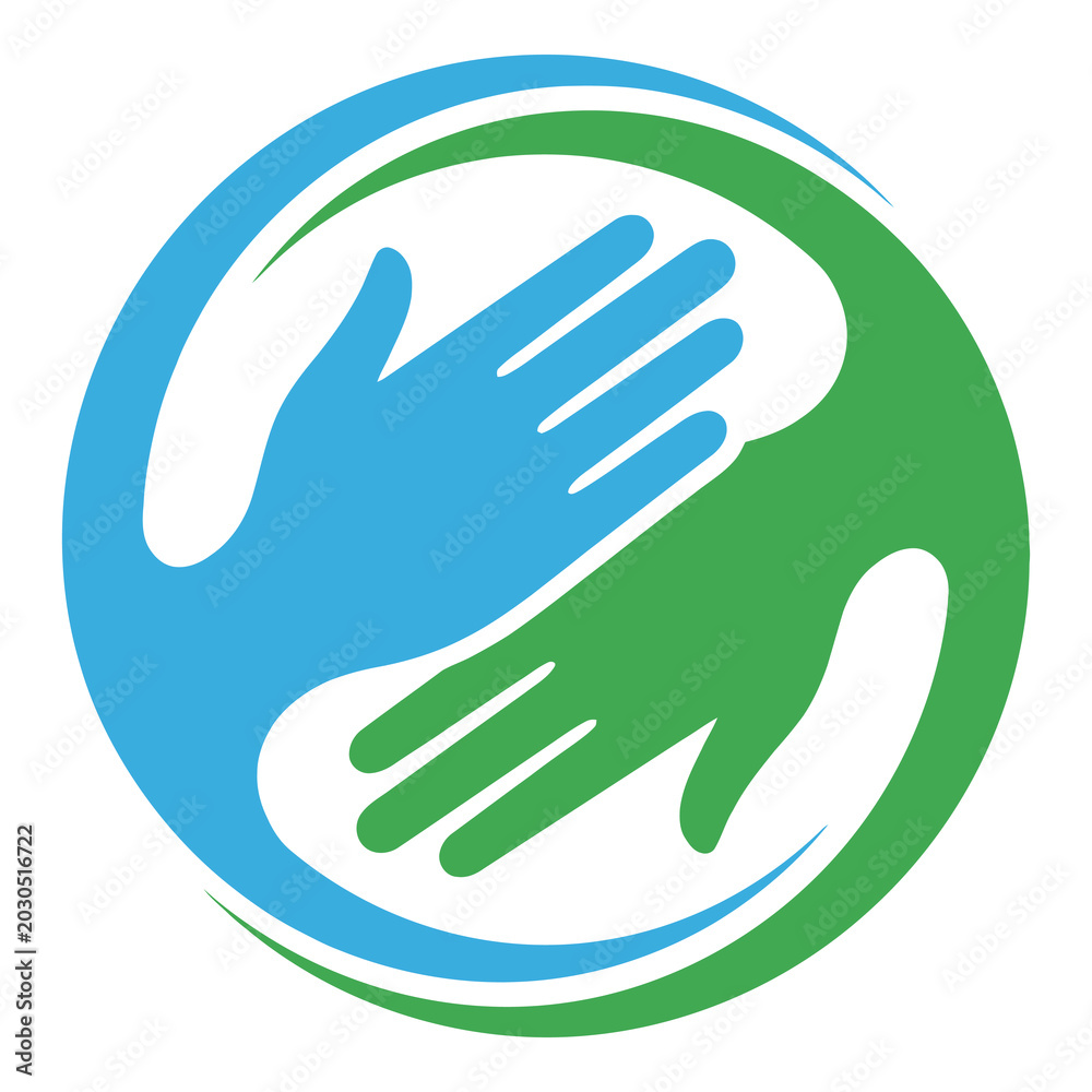 Obraz premium Abstract blue and green hands embracing in a circular wave design symbolizing connection and unity icon