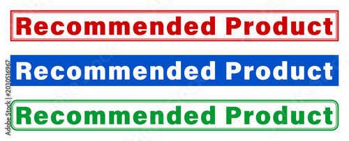 Three colorful recommended product labels with different background colors
