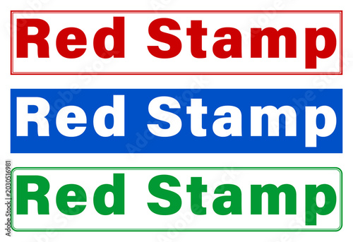 Three colorful red stamp text designs with different background colors