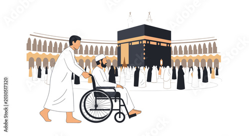 Man in white attire pushing a person in a wheelchair towards the Kaaba during Hajj pilgrimage in Mecca with crowd in background