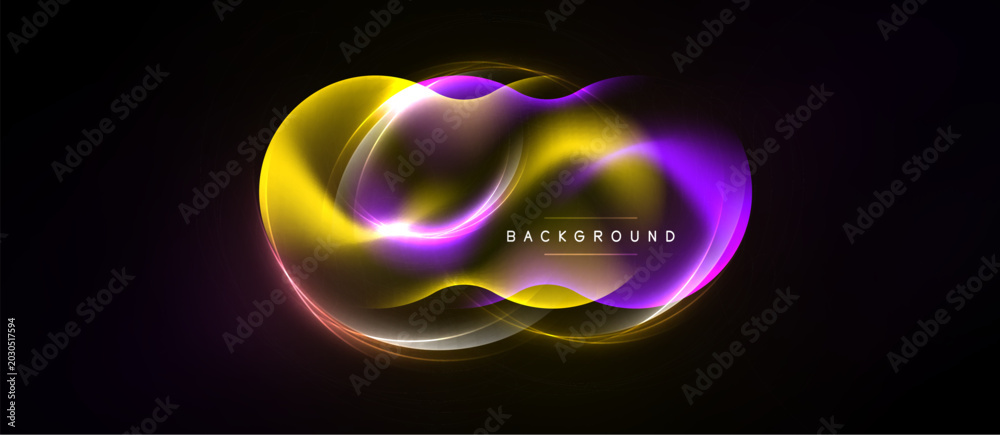 Naklejka premium Abstract flowing shapes, vibrant yellow, purple hues. Dynamic light effects create modern background design. Minimalist, elegant composition.