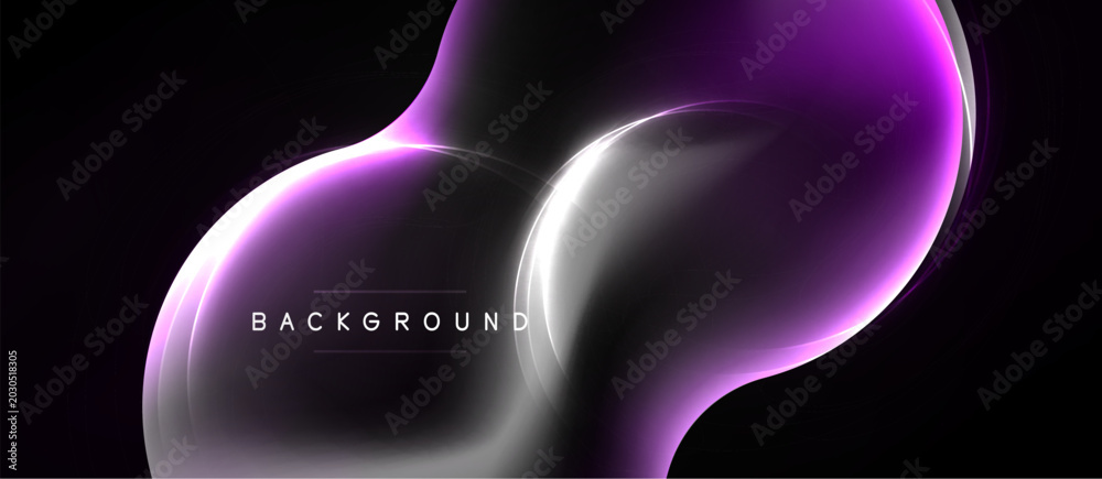 Naklejka premium Abstract fluid shapes, purple, white hues. Dynamic composition over black background. Modern design element, soft glow effect.
