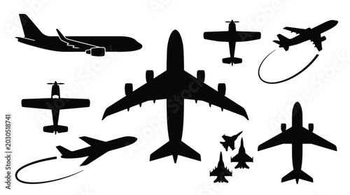 Airplane Silhouette Vector Set with Commercial Jetliners and Military Fighter Jets for Aviation Logo and Travel Graphics