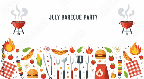 Tableau sur toile July Barbecue Party Illustration with Food and Grilling Tools