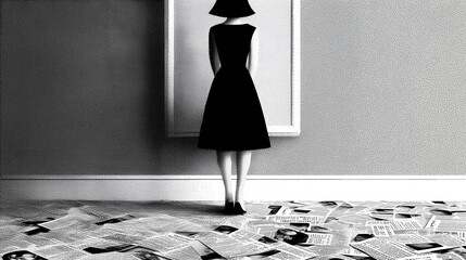 Woman Standing Silently Before Mirror as Beauty Magazine Pages Cover Floor Around Her Feet Appearance Pressure Self-Worth Struggles Ink Illustration

