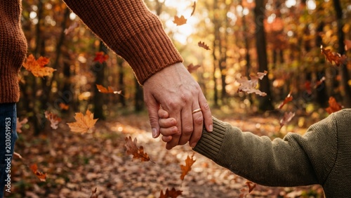 Hand Mother and Son Holding Hands Walking in Autumn Forest with Falling Leaves