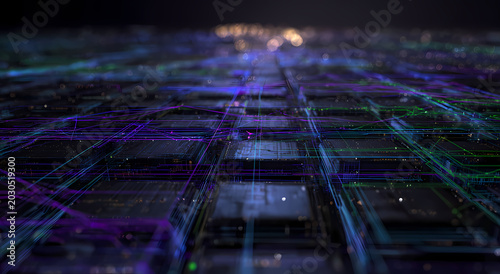 Gros plan d'un circuit imprimé futuriste lumineux, fond abstrait pour concepts technologiques, cybersécurité et intelligence artificielle
