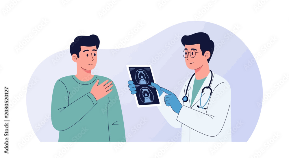 Fototapeta premium Doctor shows MRI scan to concerned patient in illustration