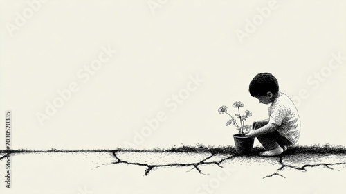 Child Planting Flowers Beside Cracked Sidewalk in Neglected Neighborhood Hope Community Healing Forgotten Spaces Ink Illustration

