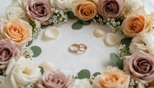 Simple gold wedding rings placed on white cloth surrounded by circular border of soft pink and peach roses