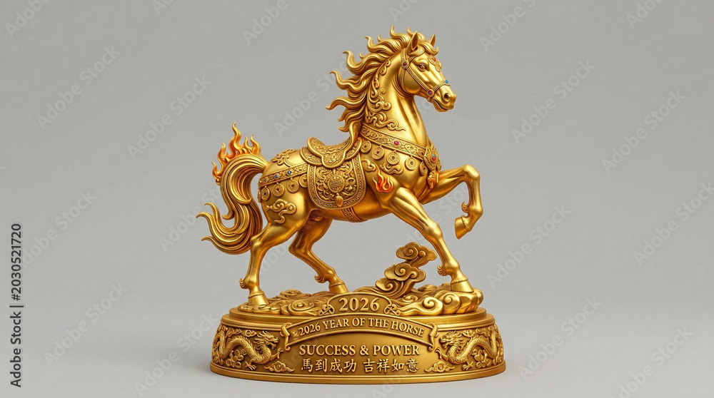 Fototapeta premium Majestic Golden Horse Sculpture Representing Wealth and Strength Isolated on Transparent Background