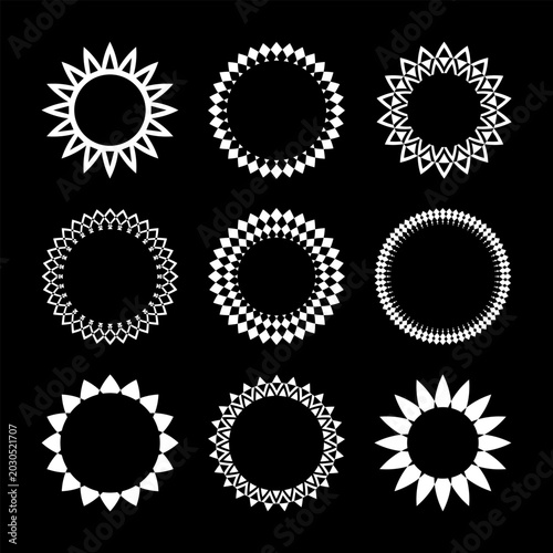 Set of Circle White Design Elements on Black Background. Abstract Flower and ...