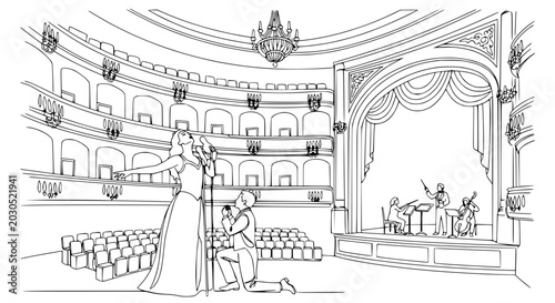 Foto Opera Singer Performing on Stage with Orchestra and Audience in Grand Theatre