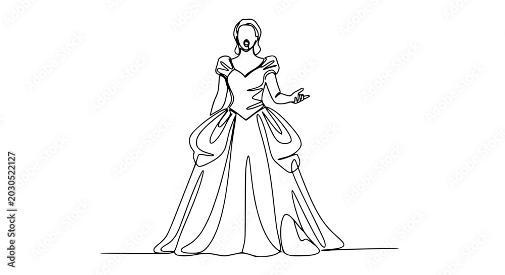 Fototapeta premium Princess continuous line drawing, elegant ball gown, fairytale character illustration