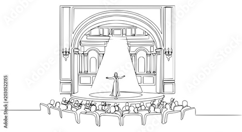 Fotografía Solo performer on stage under spotlight, audience watching, opera house sketch