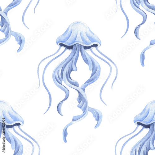 Foto Blue watercolor jellyfish seamless pattern