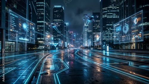 Technology City at Night Showcasing Digital Interfaces and Flying Drones