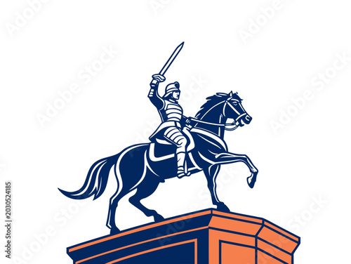 Foto A graphic illustration of an equestrian statue featuring a warrior on a rearing horse, holding a sword, rendered in navy blue and orange
