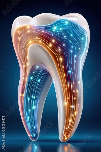 Futuristic glowing tooth with digital circuitry representing dental technology and oral health innovation