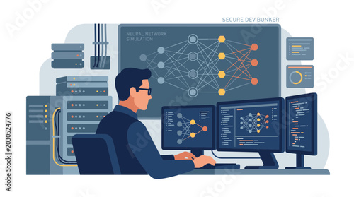 Man analyzing data on multiple computer screens in office.