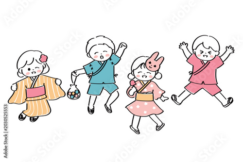 元気にジャンプをする浴衣や甚平姿の子どもたちのイラスト