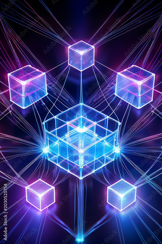 Obraz premium Blockchain technology background with glowing 3D cubes 