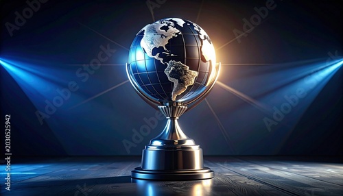 Futuristic metallic trophy with glowing globe top and twisting base, symbolizing global achievement, innovation, and excellence under dramatic lighting.