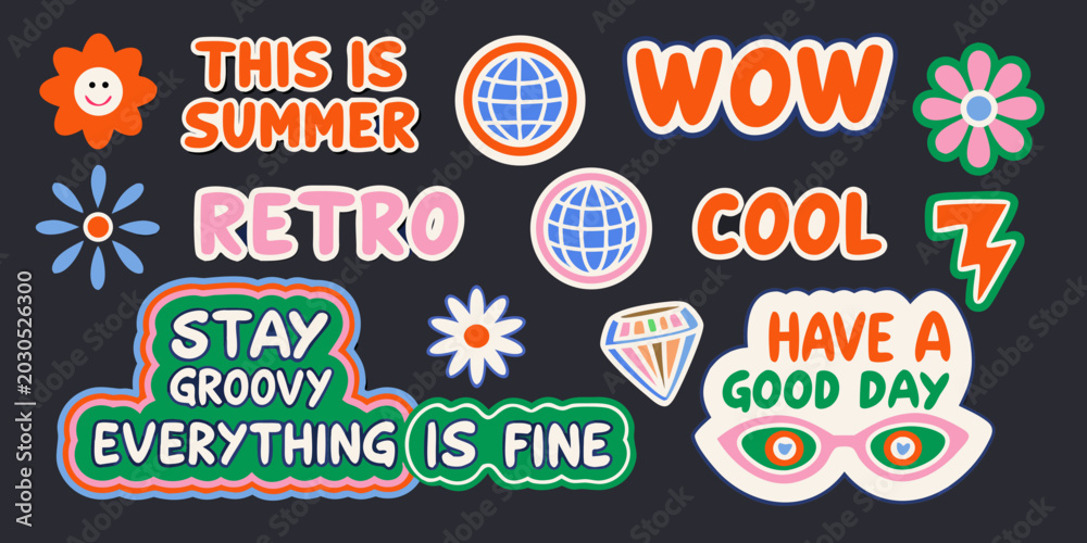 Fototapeta premium retro summer sticker set colorful hand drawn style collection